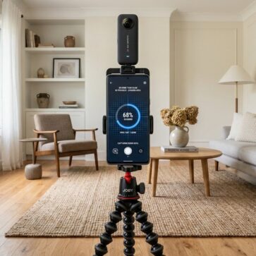 Tripod-mounted camera capturing a 3d home tour scan in a staged living room