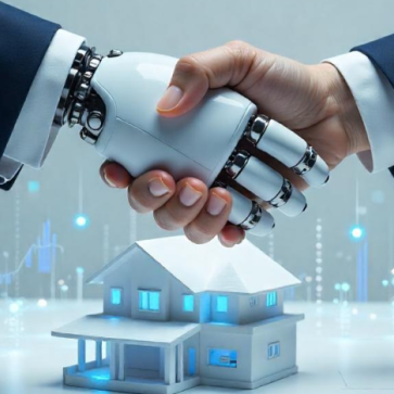 Human and AI robotic hand shaking above a house model, representing AI in real estate marketing and agent collaboration.