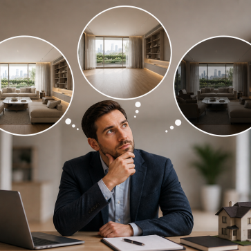 Real estate photo editing workflow showing enhancement, item removal, and virtual staging steps in sequence