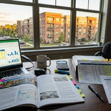 Printed multifamily deal documents and laptop illustrate ai for multifamily real estate analysis