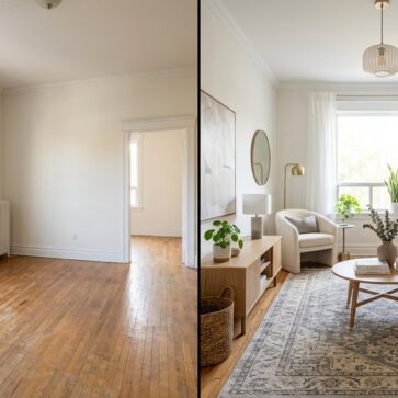 Empty room beside staged version illustrates fast turnover, relevant to ai lease agreement generator workflow