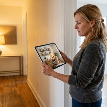 Woman viewing a staged home office on tablet, comparing apply design ai results to the empty room
