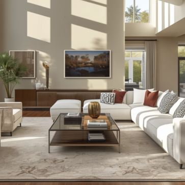 Bright modern living room with balanced natural and flash lighting, showcasing flambient real estate photography for interior listing photos