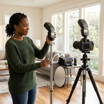 Photographer setting up camera and flash gear, exploring the best flash for real estate photography.