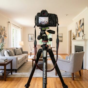 Tripod set up in a staged living room, an example of the best tripod for real estate photography