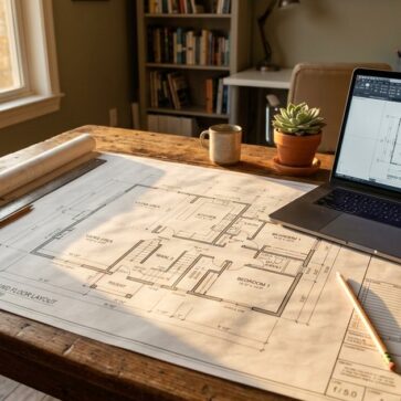 Printed floor plan and laptop on a table, illustrating Cedreo alternatives for home design software
