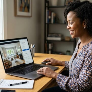 Agent reviews a corrected listing photo on laptop, illustrating cedreo vs ai homedesign use cases