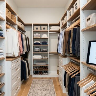 Walk-in closet with tablet showing closet design software floor plan and measurements