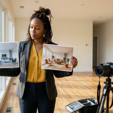 Photographer comparing printed listing photos while evaluating decor8 ai virtual staging results