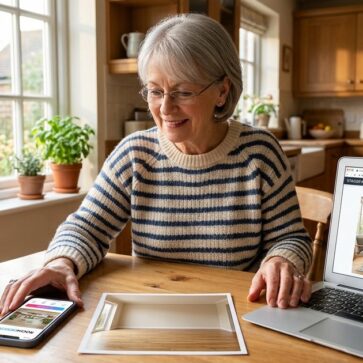 Woman weighing decormatters vs ai homedesign options on phone and laptop screens