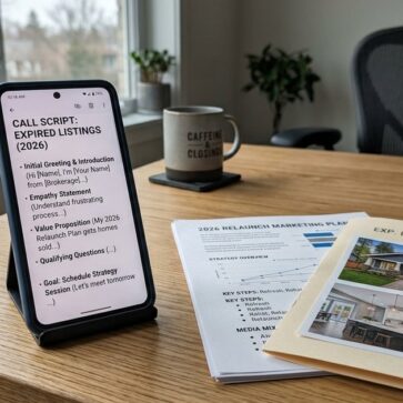 Phone screen showing expired listing scripts beside a printed relaunch plan on a desk