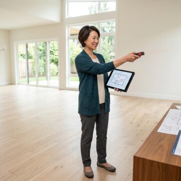 Woman using laser tool and tablet for floor plan photography in an empty living room