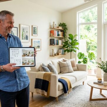 Man reviewing digital design options against a finished living room, exploring havenly alternatives
