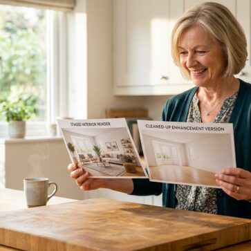 Woman comparing printed listing photos, illustrating homedesigns ai vs ai homedesign differences