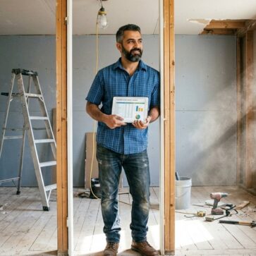 Investor reviewing house flipping software on a tablet inside a bedroom mid-renovation