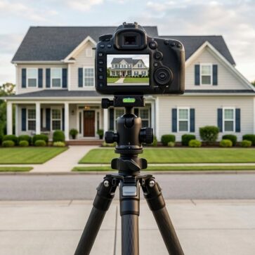 Camera on tripod framing a house exterior, illustrating how to photograph a house exterior