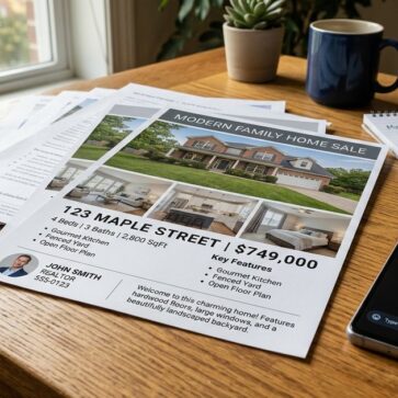 Printed listing flyer and phone with AI chat, illustrating how to rank in ChatGPT