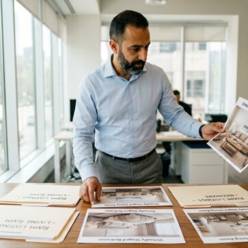 Agent comparing staged listing photos while reviewing InstantDeco alternatives for room staging