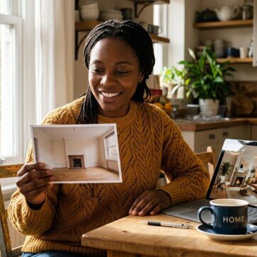Comparing lookx ai vs ai homedesign outputs: a printed listing photo versus a concept render on tablet