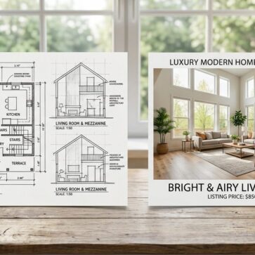Floor plan sketch beside listing photo illustrating mnml ai vs ai homedesign input difference