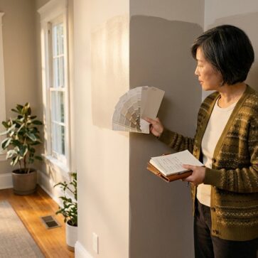 East Asian woman compares paint color swatches on a wall, a paintit ai style choice for listing photos
