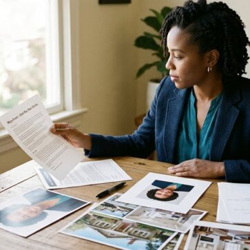 Agent reviewing a printed real estate agent bio alongside her headshot and listing photos