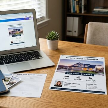 Printed flyer from a real estate flyer maker beside a laptop with design software open