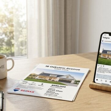 Phone and printed flyer showing real estate hashtags used across Instagram, TikTok and Facebook posts
