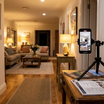 Smartphone on tripod recording a staged home for real estate instagram marketing in a warmly lit hallway.