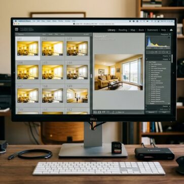 Calibrated monitor showing real estate lightroom presets applied during a RAW photo cull