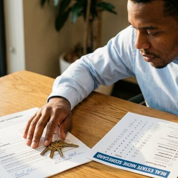 Settlement statement, keys, and scorecard on a table illustrate choosing a real estate niche