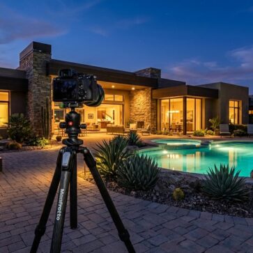 Camera on tripod at twilight shoot, illustrating real estate photographer phoenix pricing guide