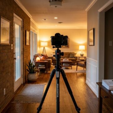 Camera set up mid-shoot in a Fort Worth home hallway, real estate photographers fort worth in action