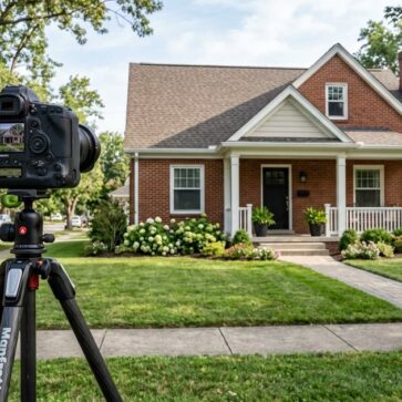Camera on tripod photographing a Louisville home, representing real estate photographers louisville directory