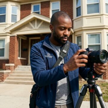 Real estate photographers milwaukee setting up a camera outside a brick duplex