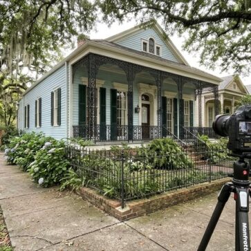 Camera on tripod facing a New Orleans home, illustrating work of real estate photographers new orleans