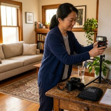 Photographer arranging gear and notes while setting up real estate photography lighting in a living room