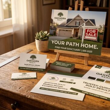Printed branding samples on a desk showing examples of real estate slogans for agents