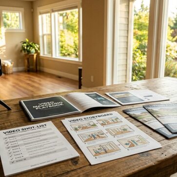 Printed playbook and shot list illustrating real estate video marketing on a table