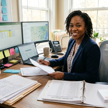 Investor organizing leads and follow-ups using real estate wholesaling software at a home office desk