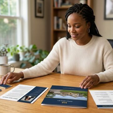 Realtor reviewing printed branding samples that showcase consistent realtor marketing for listing presentations
