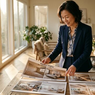 Woman reviewing printed photos while comparing reroom ai alternatives for room redesign