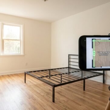 Room measurement app on a smartphone screen measuring an empty bedroom for real estate