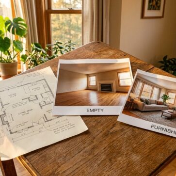 Printed listing photo with floor plan and mockup prints illustrating sketchup alternatives for design