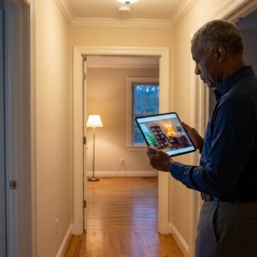 Empty home office beside its staged version, illustrating virtual staging solutions in evening light