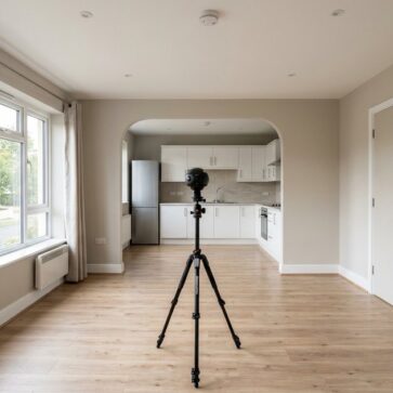 360 camera on tripod capturing virtual tour apartments in a vacant rental unit